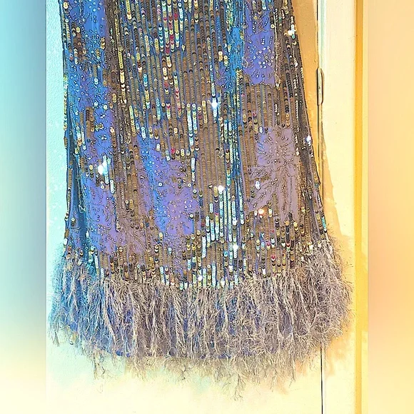 NWT ASOS Lavender, Silver Sequin Floral Midi w/ Faux Feather Hem Size 12 - Picture 13 of 16